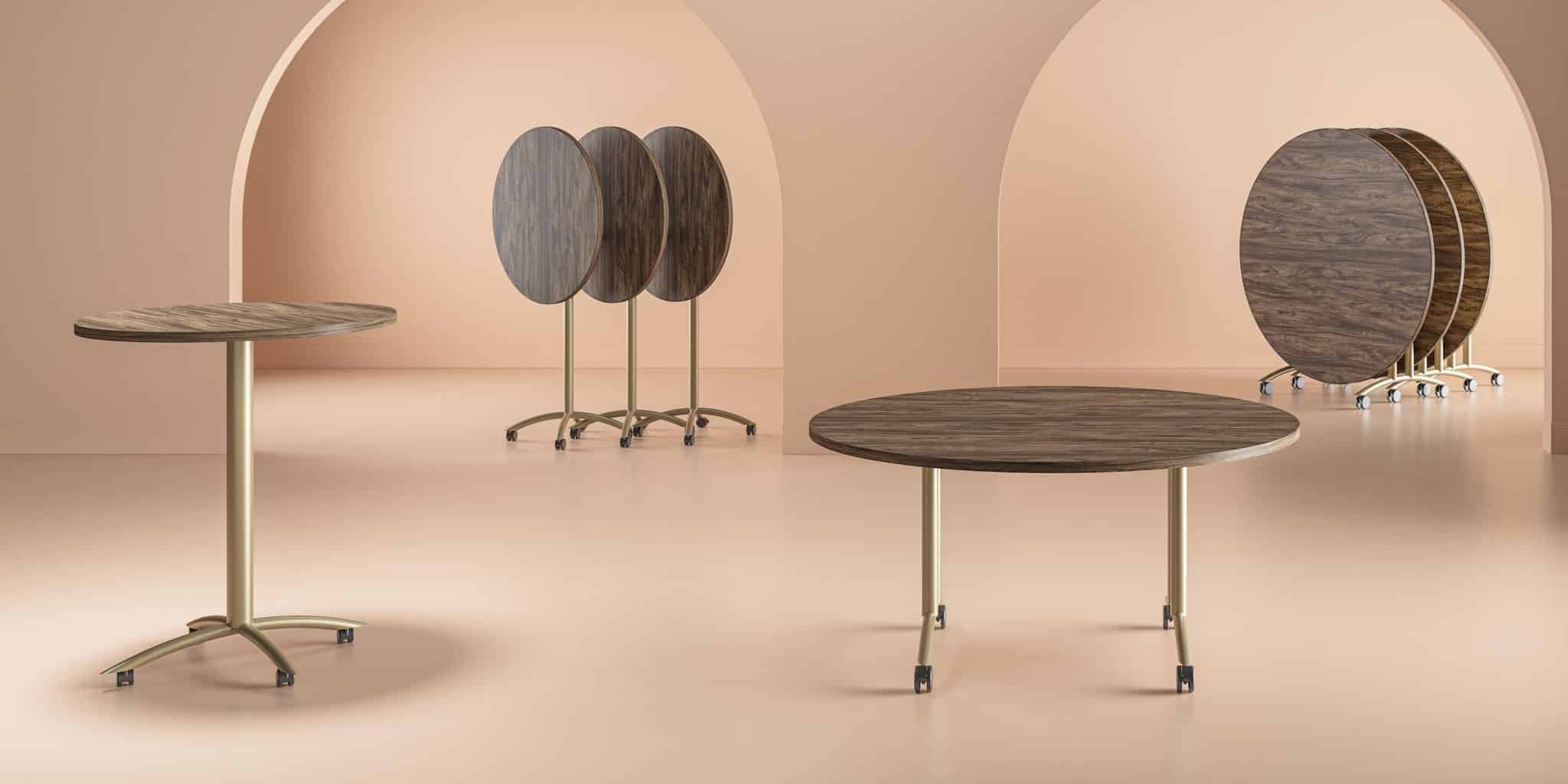 Gateway round, wood grain, nesting tables