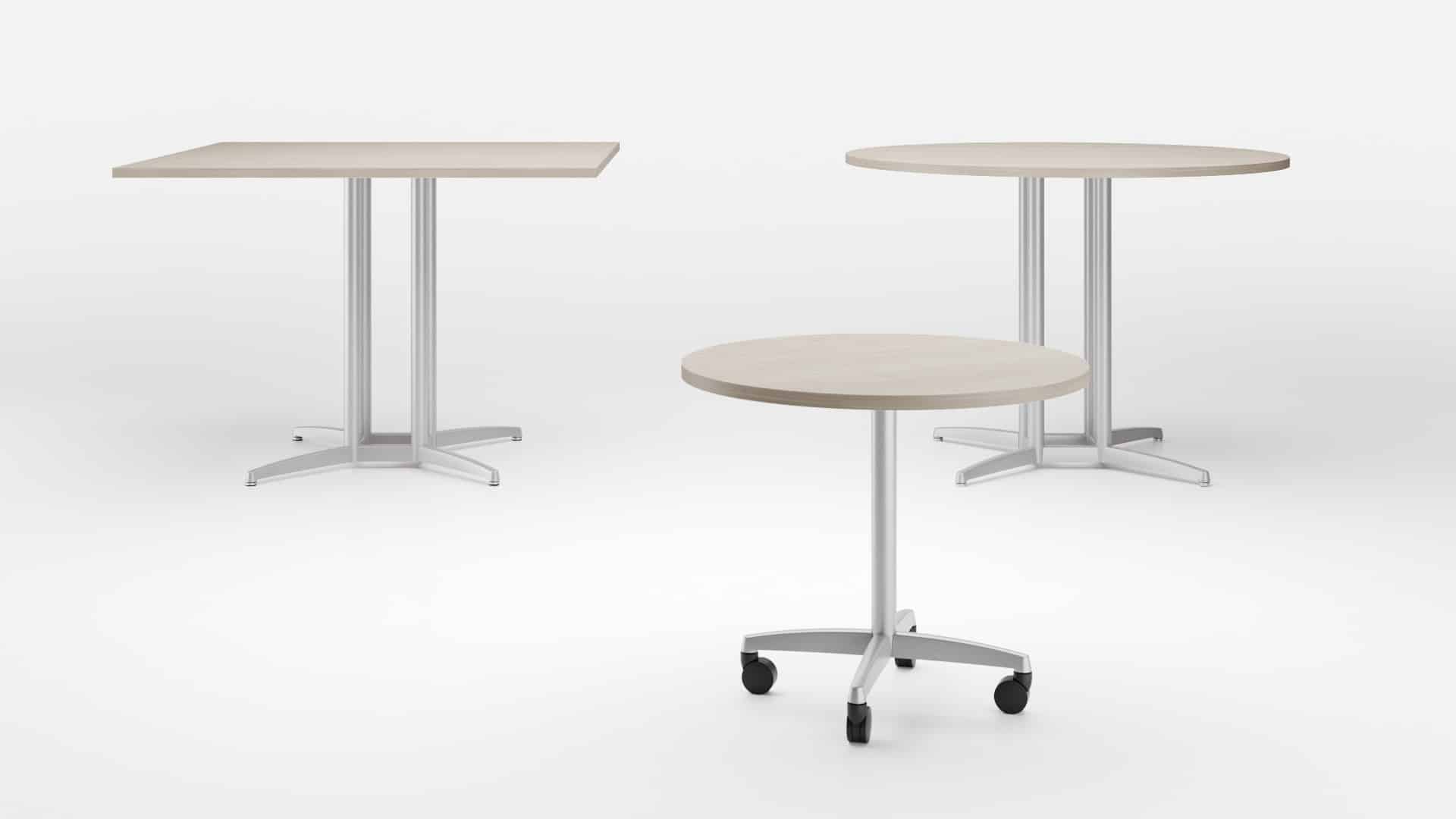 three supreme bar height tables, 2 round and one square
