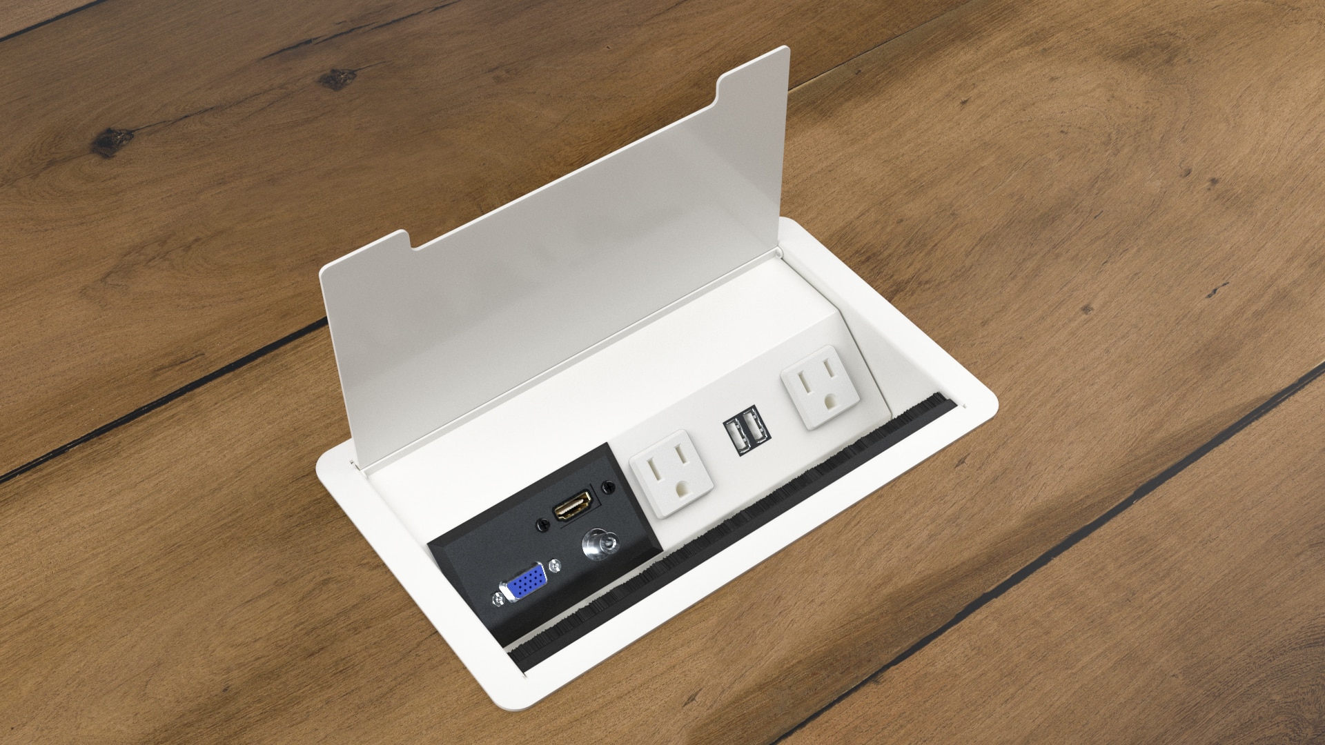 Angle view Charm outlet with cover, white - servicing cat 6 cable, cable, HDMI, usb, vga